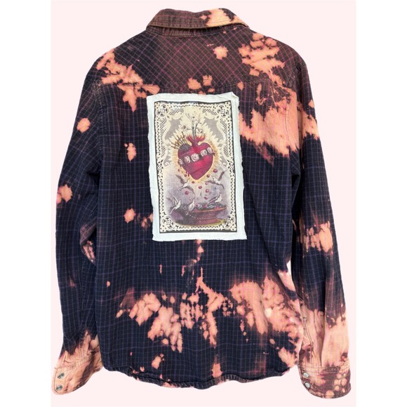 Tops - Bleach Dyed Western Flannel Sacred Heart Patch Shirt M/L